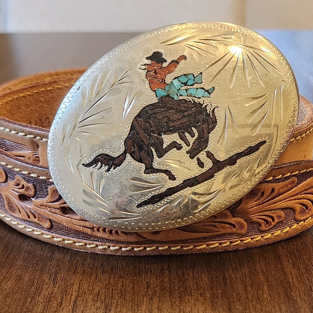 VTG 70s C&L Cowboy Bronco Turquoise Chip Inlay Belt Chambers Tooled Leather 34